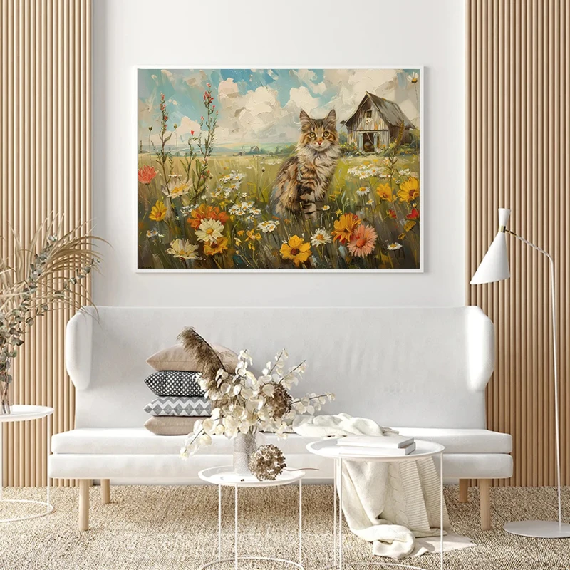 Wildflower Field Cat Sparrow Farm House Painting Posters and Prints Canvas Printing Rustic Retro Wall Art Picture for Home Decor