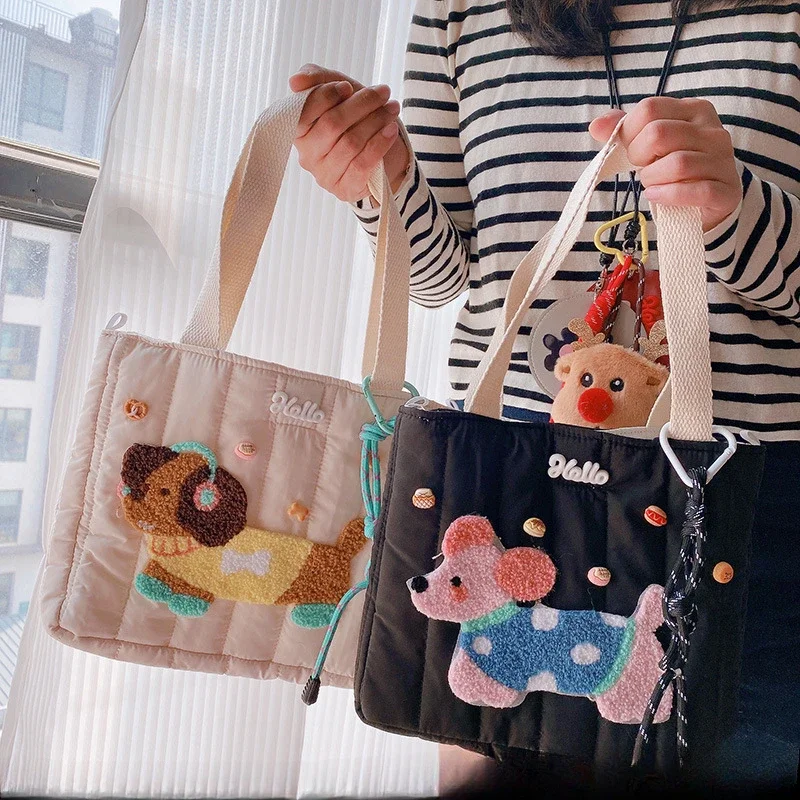 

Cartoon Headphone Dachshund Shoppong Bags Towel Embroidery Puppy Traveling Bags for Women Large Capacity Portable Bag Wholesales