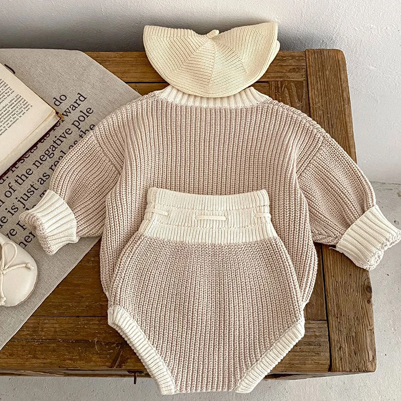 Autumn Winter Toddler Baby Girl Knitting Clothes Suit Long Sleeved Pullover+Shorts Children Knitted Clothes Set Korean Style