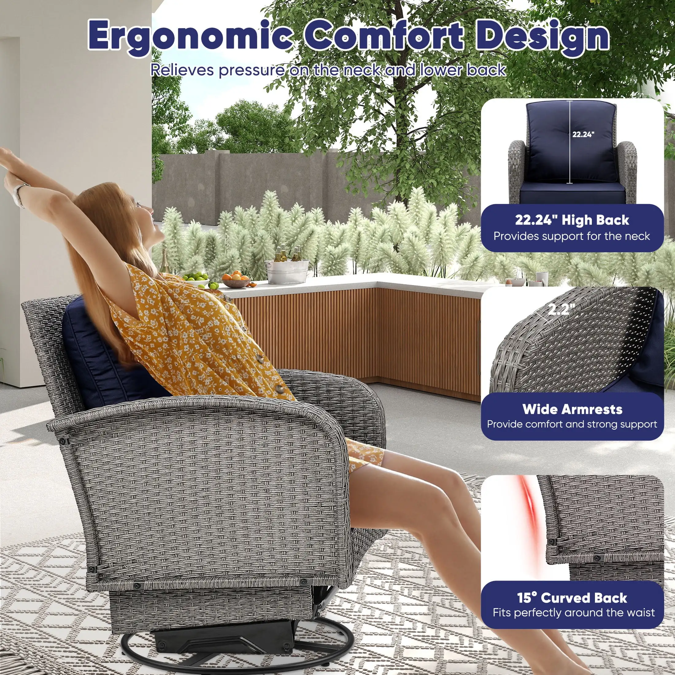 3 Piece Outdoor Bistro Swivel Chairs Set, Patio Bistro Set w/ 360° Swivel Rocking Chairs & Table, All-Weather Conversation Set