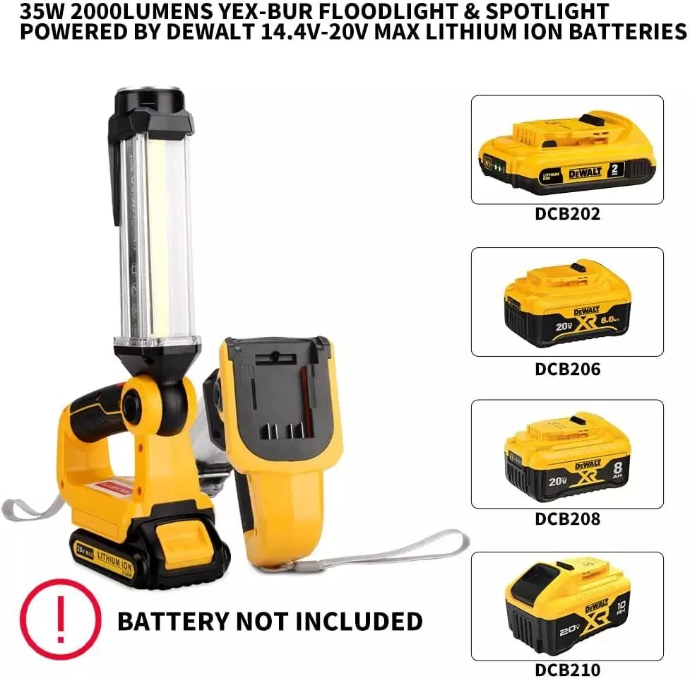 2000LM LED Cordless Work Lamp for Dewalt 20V MAX Liion Battery 35W Flashlight Floodlight Spotlight for Camping Job Site Lighting