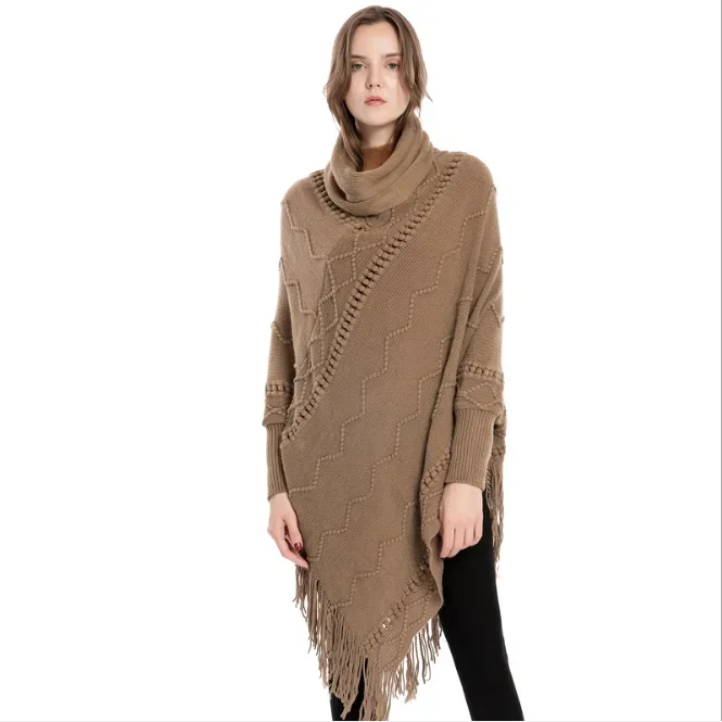 

Pull Femme Autumn Winter New Women's Acrylic Tassel Sweater High Neck Warm Sleeve Pullover Cloak Tassels Shawl Outside Khaki