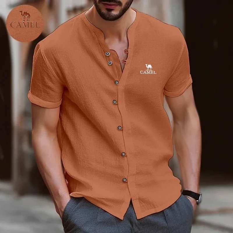 Camisa masculina bordada de algodão puro camelo de verão, tendência da moda retrô, camisa polo confortável esportiva casual