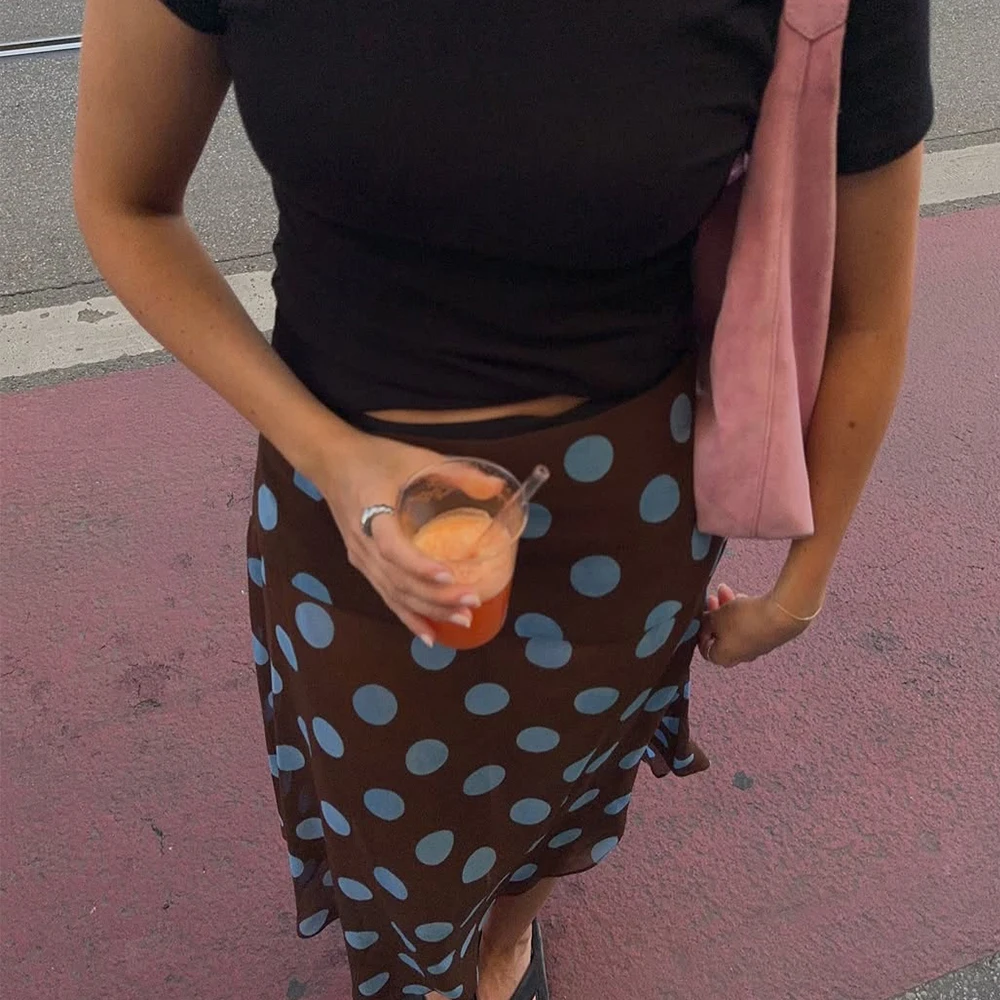 

Элегантные синие юбки в горошек для женщин, асимметричные шифоновые юбки-миди, женские винтажные праздничные повседневные женские юбки в стиле бохо