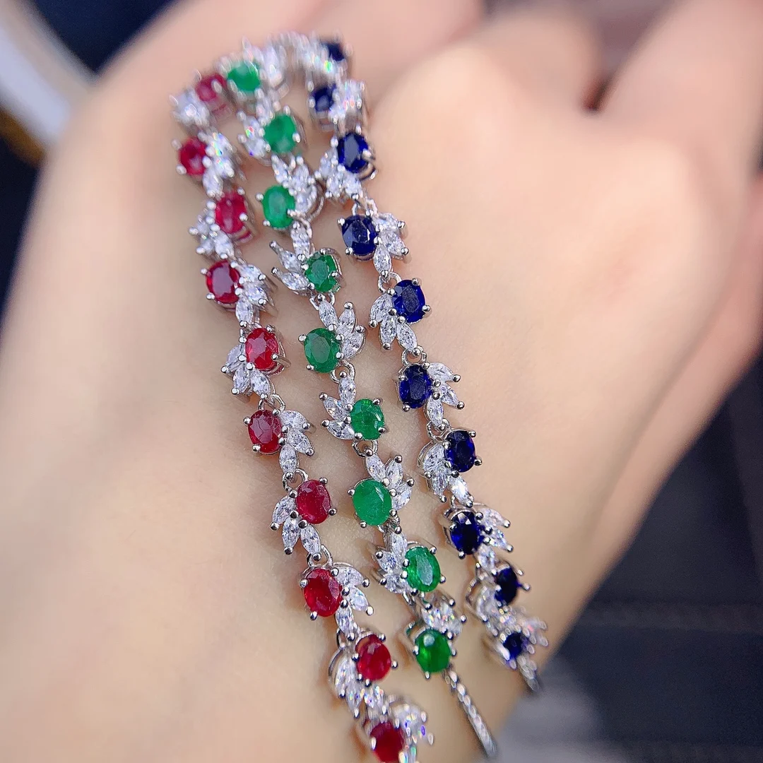 

Ladies 925 Silver Red blue green natural gem bracelet luxury jewelry ladies Christmas package mail ladies bracelet boutique