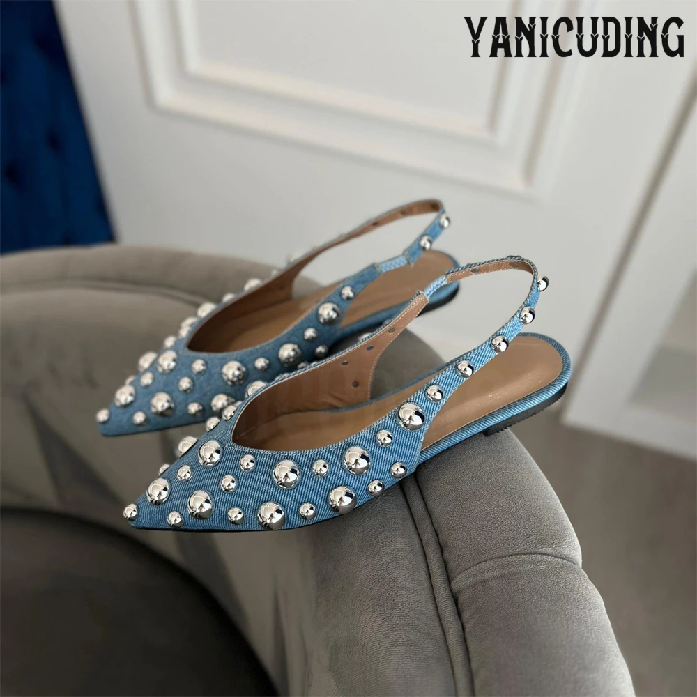 Blue Denim Metallic Beads Ballerinas Pointed Toe Slingback Straps Flats Fashion Handmade Flat Shoes Customizable Slip-On Shoes