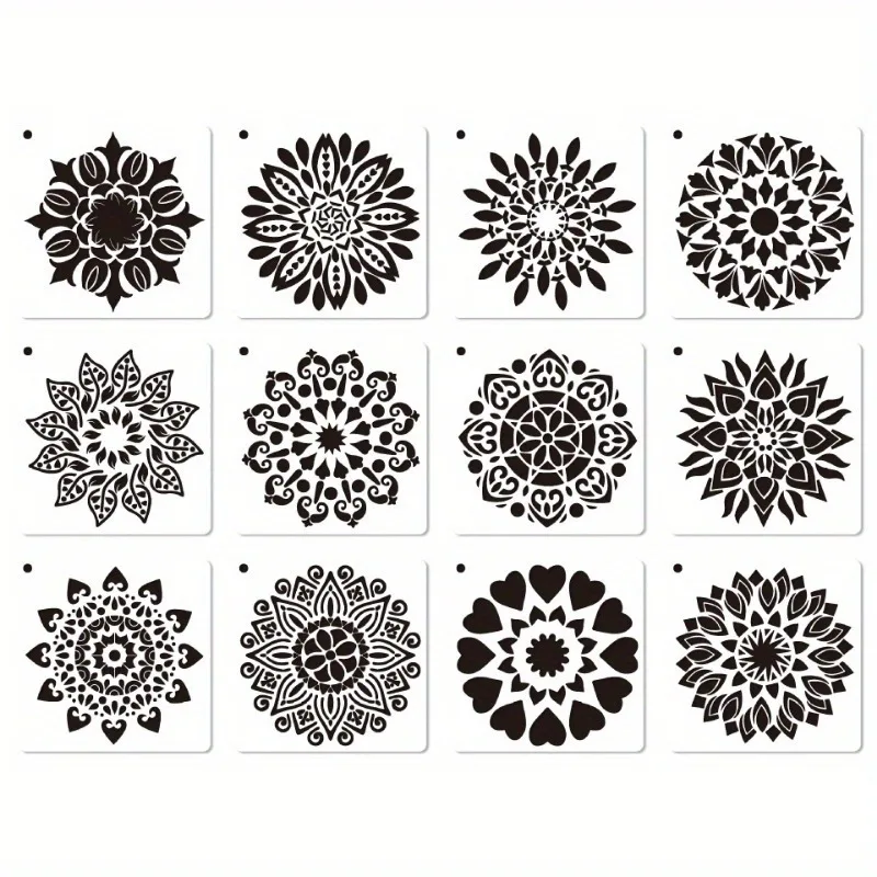 12-Piece Mandala Dotting Stencils Kit - Reusable & Washable PET Plastic Painting Templates for DIY Home Decor and Crafts