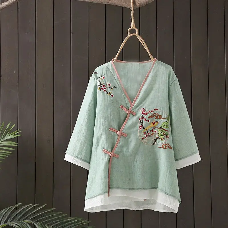 Ethnic Style Embroidery Retro V-neck Frog Button Top for Women, Summer Zen Tea Clothing Chinese Style Half Sleeve Shirt