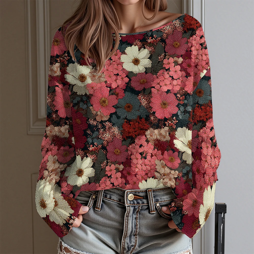 Vintage bloemen T-shirt damesblouse met lange mouwen en kleurrijk bloeipatroon Dagelijkse mode-tops voor herfst-winterlaag