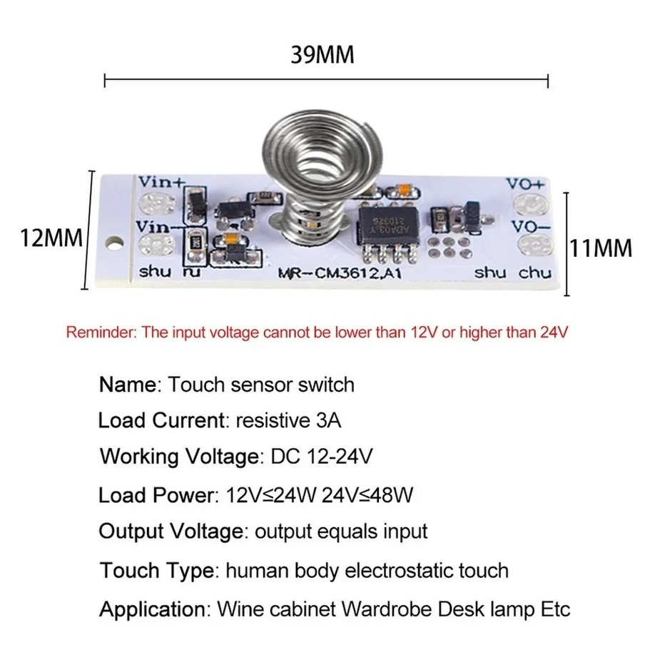 DC12V 24V Capacitive Touch Sensor Switch Coil Spring LED Dimmer On Off Light Switch Module 36W 3A for Smart Home LED Light Strip