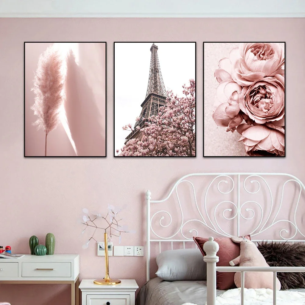 Pink Flower Peony Car Beach Canvas Painting Tower Paris Wall Art Print Cherry Poster Nordic Wall Pictures Living Room Home Decor