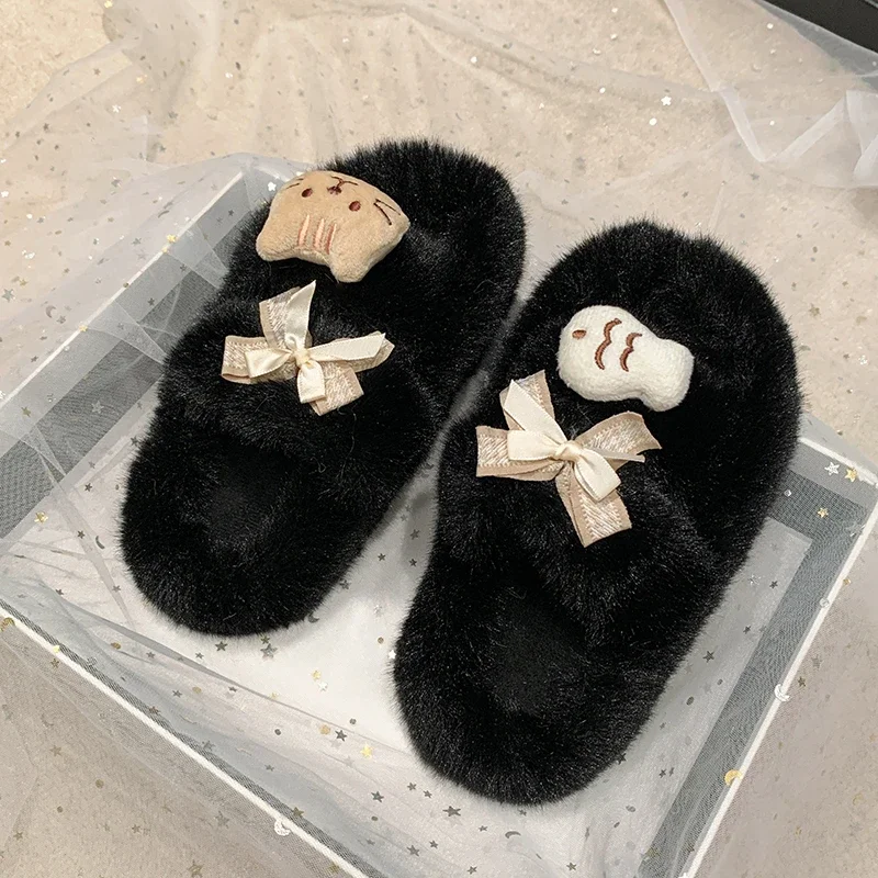 Girls Slippers with Butterfly Bow Small Fish and Cat Warm Non Slip Soft Bottom Winter Indoor Suede One-piece Slippers De Mujer