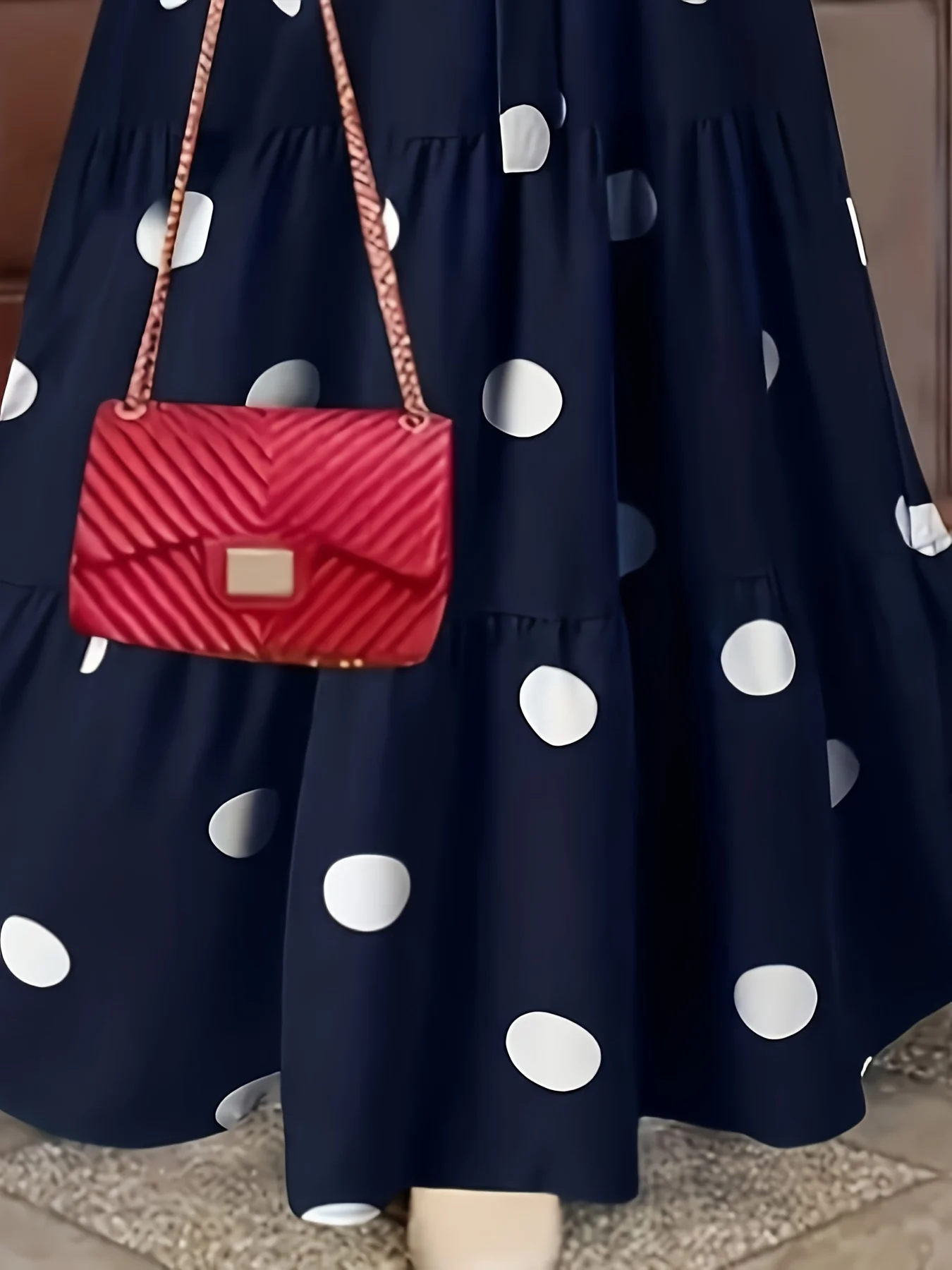 Damenkleid im Nahost-Stil, Lässig-Elegantes Langarm-Maxikleid mit Rundhalsausschnitt und Polka-Dot-Muster – Detail 4