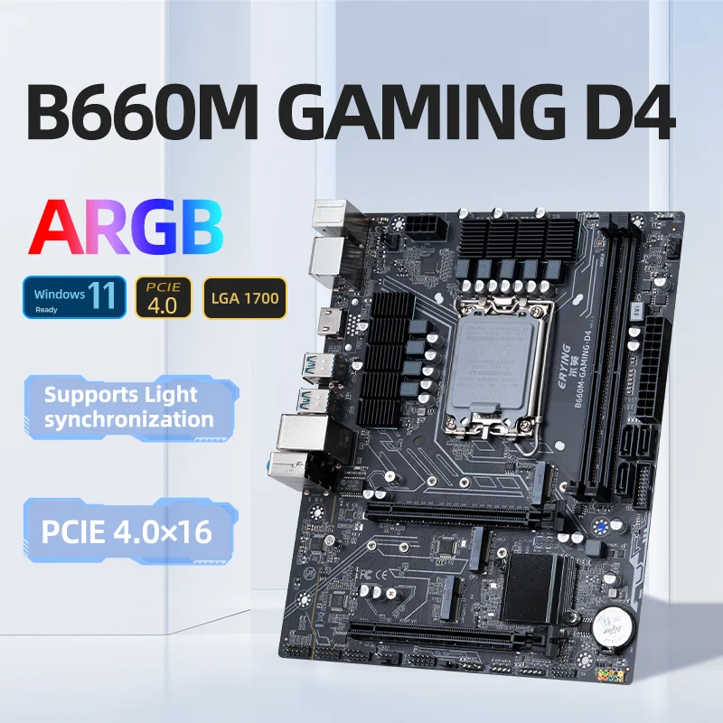 ERYING B660M Gaming D4 Motherboard M-ATX DDR4 Support 12 13 14Gen(LGA 1700 CPU 12100F/12400F/12490F/12600F/12700F/13600F)M2 NVME