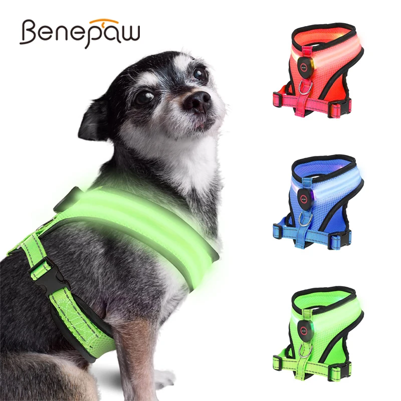 Benepaw LED Light Dog Harness USB Rechargeable Reflective Adjustable Mesh Soft Padded Pet Vest Harness for Small Medium Dogs