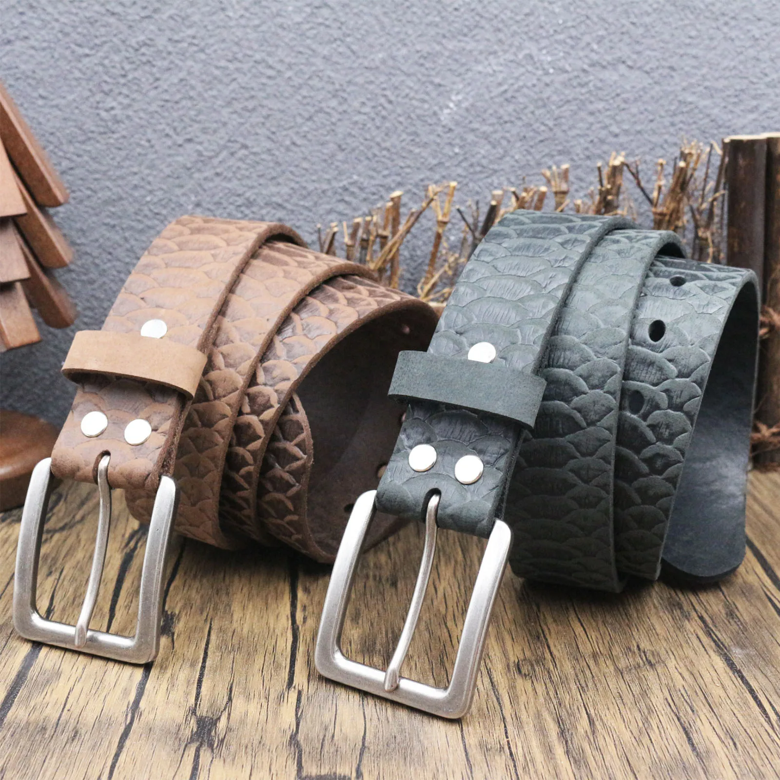 Men Vintage Full Grain Leather Belt Ornate Embossed Floral Carved Hammered Square Pin Buckle Denim Belt