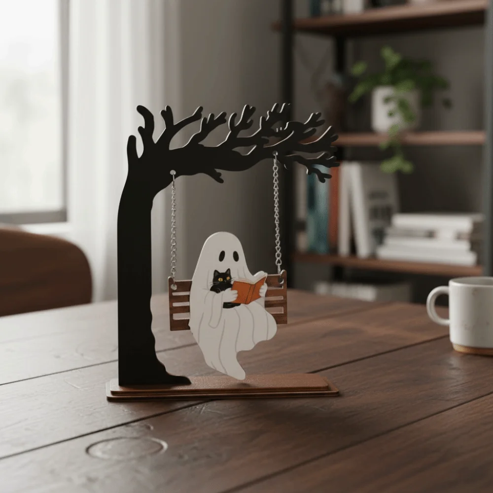 Laser-cut Ghost Swing Ornament Multilayered Freestanding Cat Reading Figurine Compact Rustic Spooky Tree Sculpture