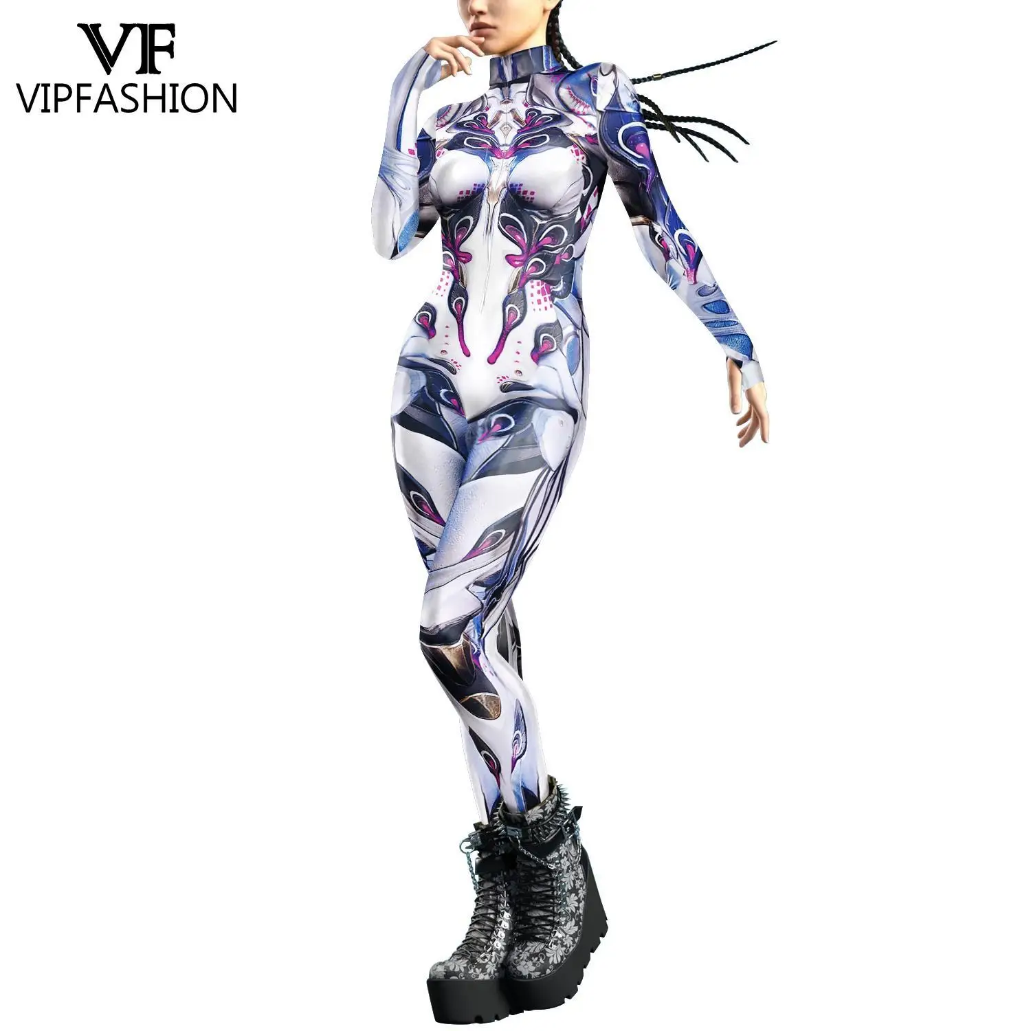 VIP FASHION Punk Costume for Women Front Zipper Carnival Party Zentai Bodysuit Female Robot Catsuit Purim Cosplay Clothes