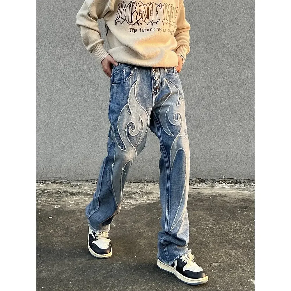 

Retro high street quality men embroidered washed jeans American patchwork men and women loose straight pants