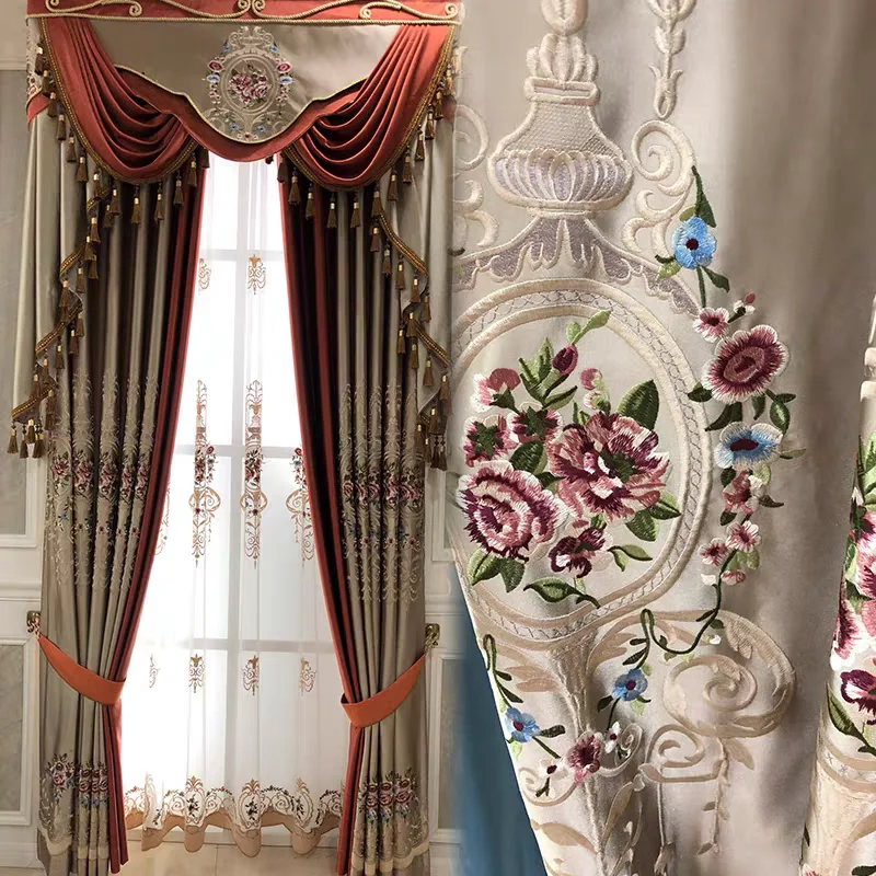 

Custom villa living room luxury classical European cloth velvet embroidery window blackout curtain tulle valance drape M1733