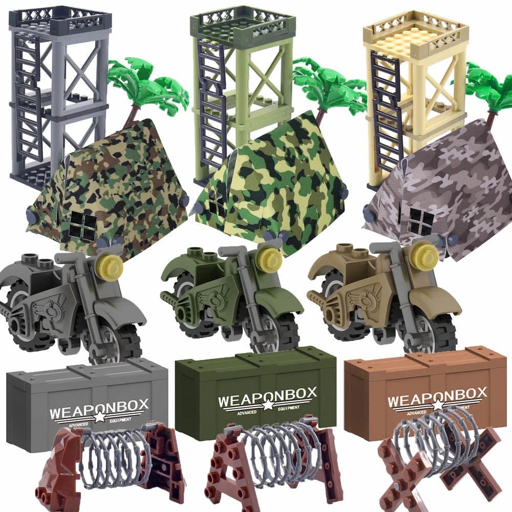 MOC WW2 Military War Soldier Accessories Building Blocks Roadblock Motorcycle case container Bag Brick Toy