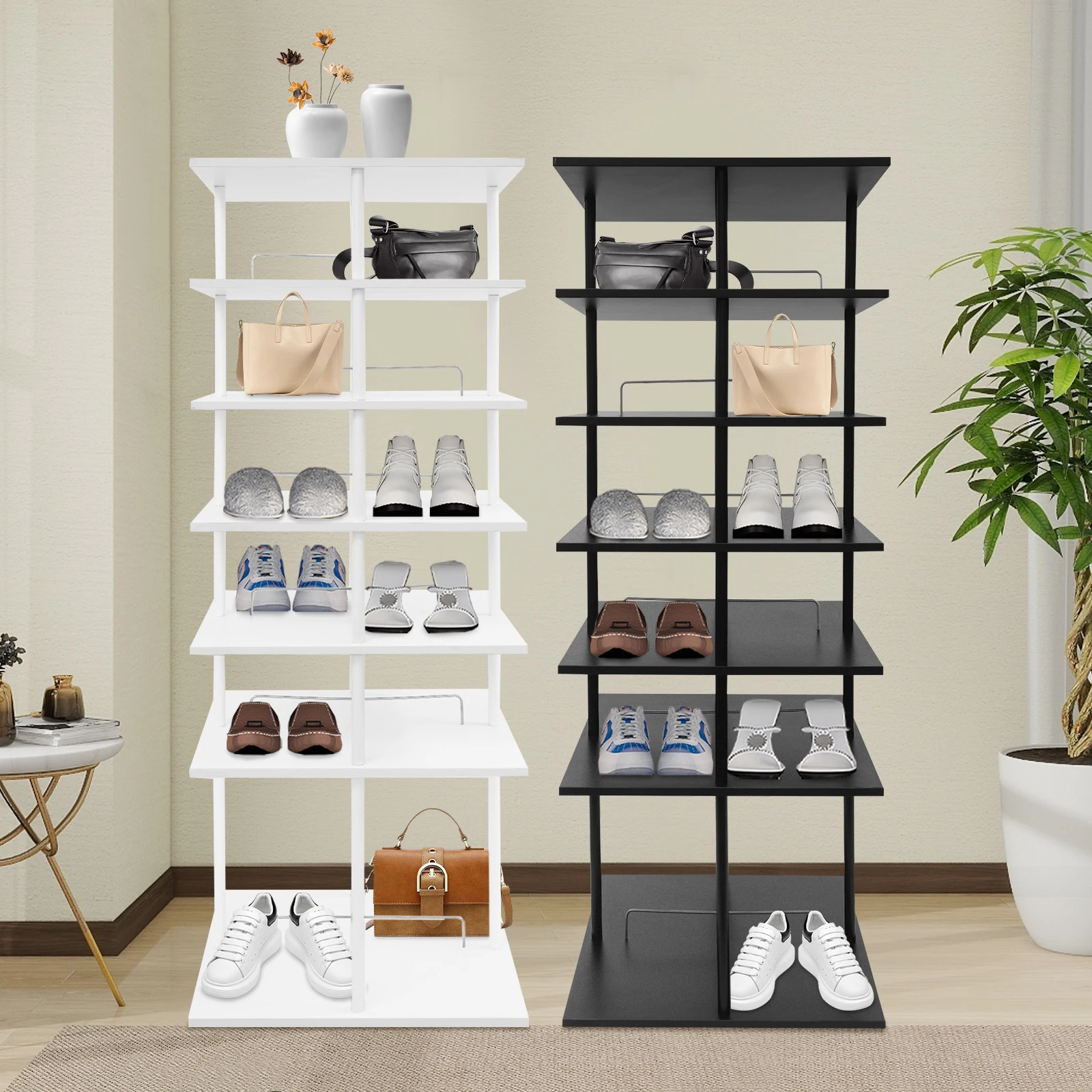 

6 Tiers Shoe Storage Rack 360° Rotating Shoes Shelf Organizer Space Saving Black/White