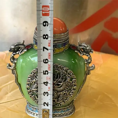 Green Jade Tibetan Copper Dragon Snuff Bottle China Antique Collection Ornaments