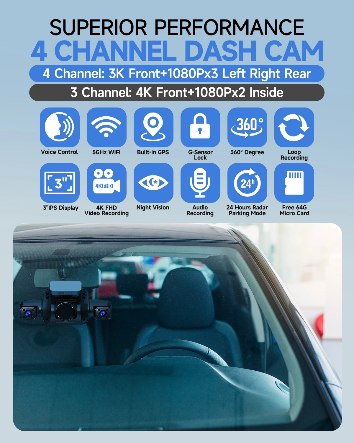 HUPEJOS V8PLUS-4CH 360° 4K Dash Cam AI Driver Monitor System Built-in WiFi GPS,Night Vision,Voice Control,24H Parking Mode