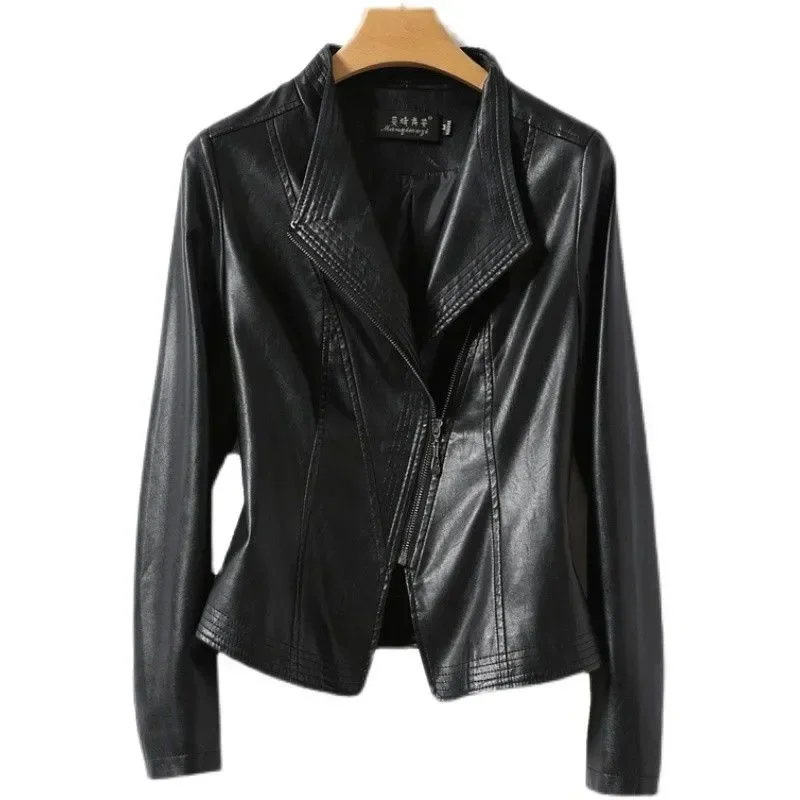 2025 Autumn Winter Sheepskin Jacket Women Short Coat Slim Inclined Zipper Casual Tops Lady Small Outerwear Leather Blazer Coats