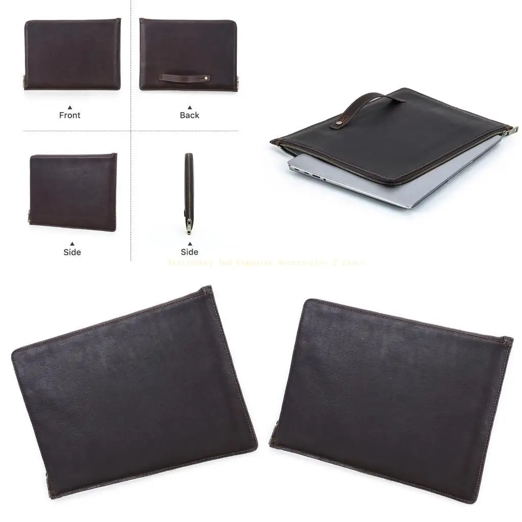 14inch Laptop Sleeve Top Grains Leather Exterior Impact Resistant Cores Multiple Use Compartment Quick Access Zippers