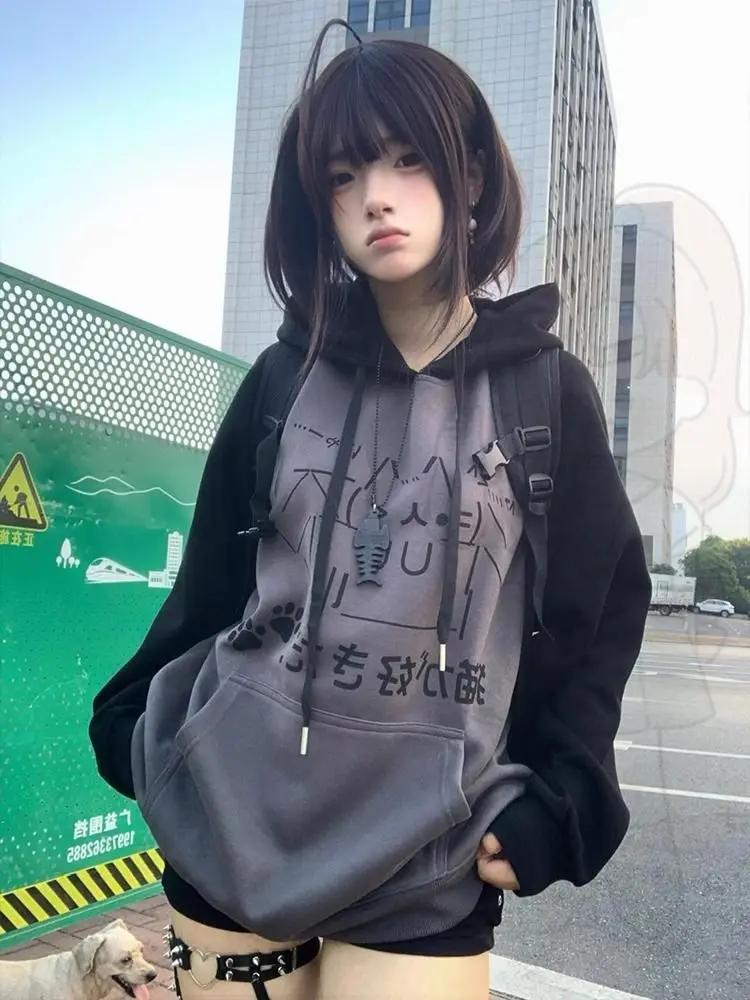 Sweet Cartoon Print Anime Hoodie Grunge Aesthetics Y2k Women Streetwear Tops Patchwork Hooded Pullover Loose Casual Jacket New