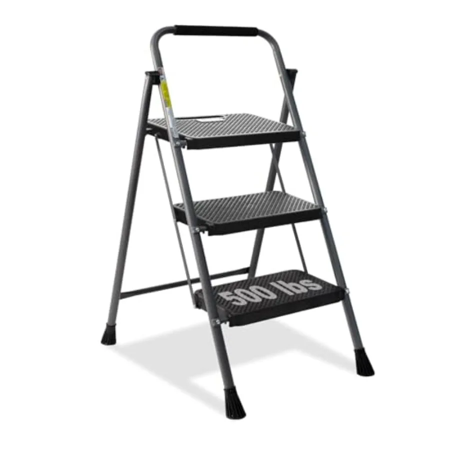 

3 Step Ladder, Folding Step Stool with Anti-Slip Wide Pedal and Convenient Handgrip, 500lbs Capacity Steel Ladder for Household