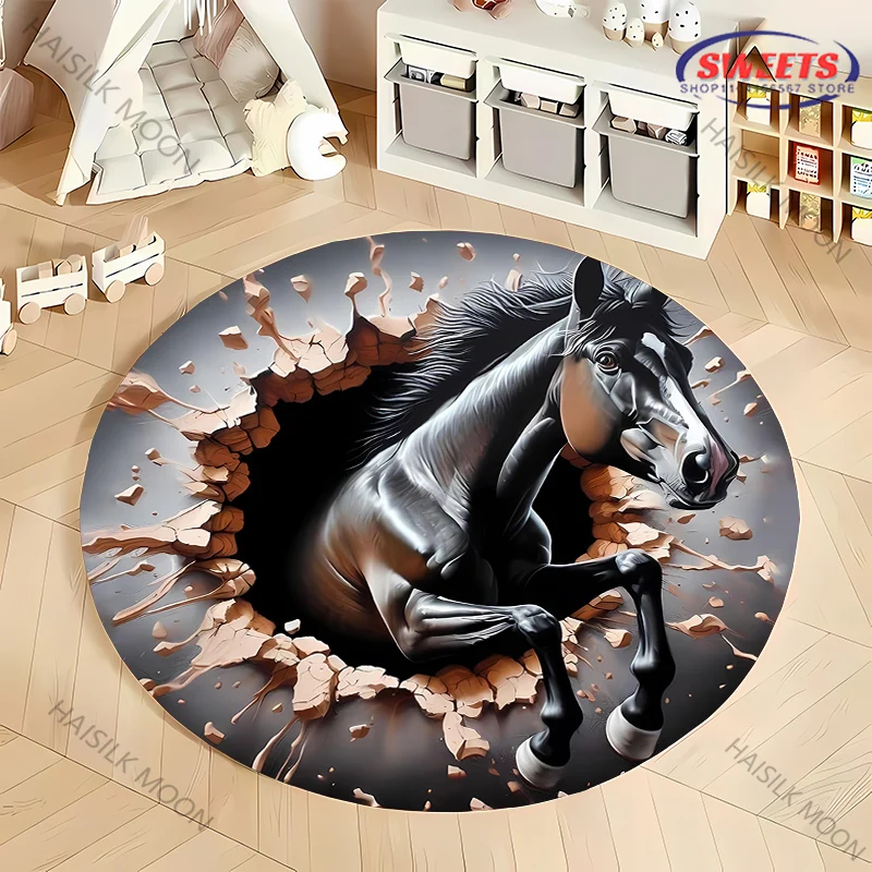 1PC Super Shocking 3D Space Art Horse Printed Round Rug Chair Carpet Children Playing Mat Living Room Bedroom Non-slip Doormat