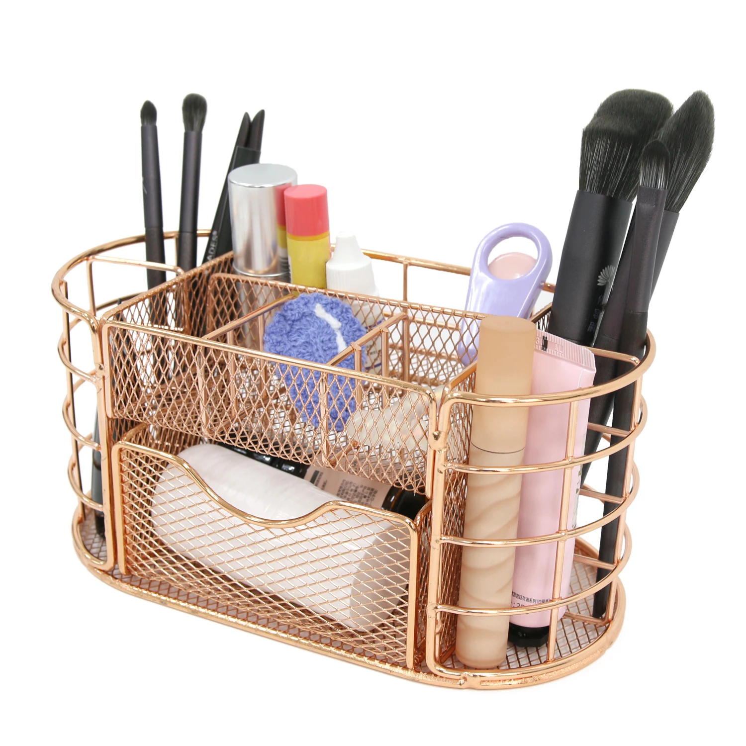 로즈 골드 데스크 정리 세트, 대형 금속 펜 홀더 (액세서리 포함), 내구성 있는 스테인리스 스틸 메이크업 브러쉬 컵, 다용도 O