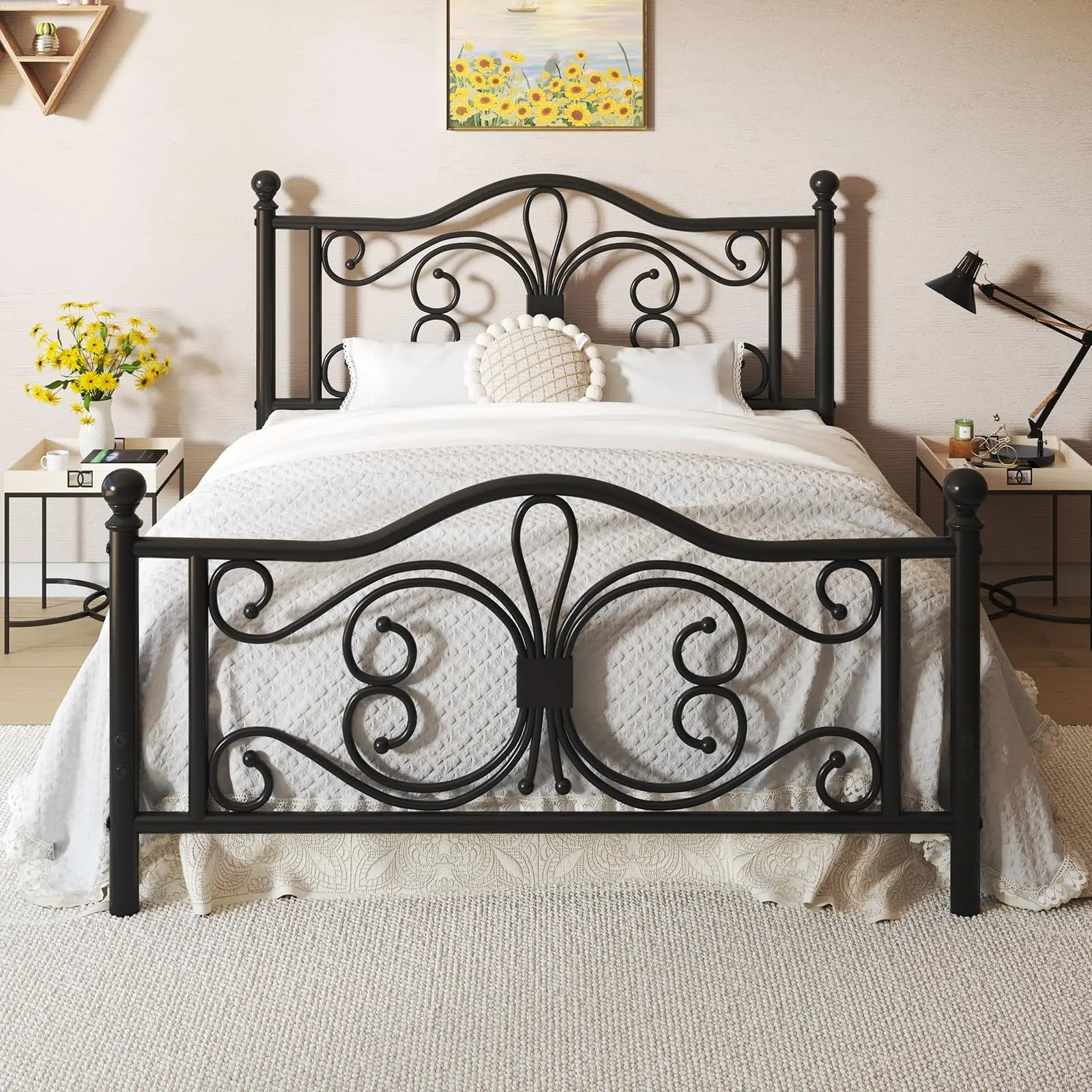 Queen Bed Frame with Butterfly Pattern Design Headboard & Footboard, Black