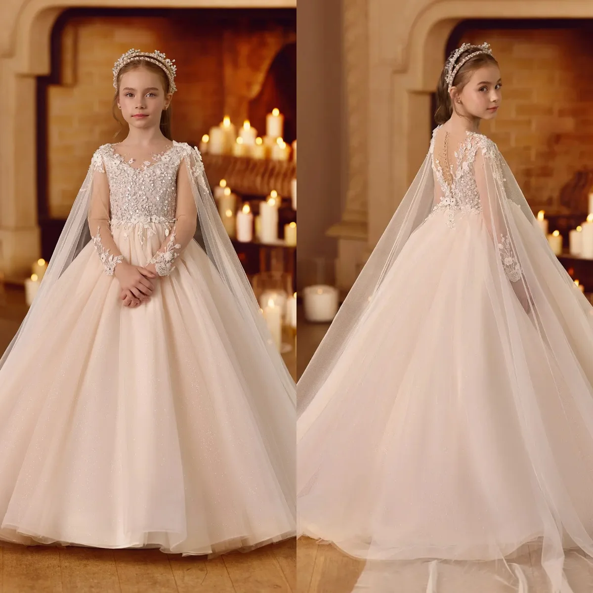 فساتين فتاة الزهور البيج لحفلات الزفاف بأكمام طويلة من الدانتيل مطرز بالخرز، فستان حفلات أعياد الميلاد، فستان التواصل الأول #1