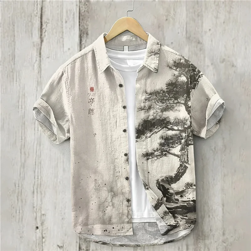 

Ink and Pine Japanese Art Print Linen Short Sleeve Shirt