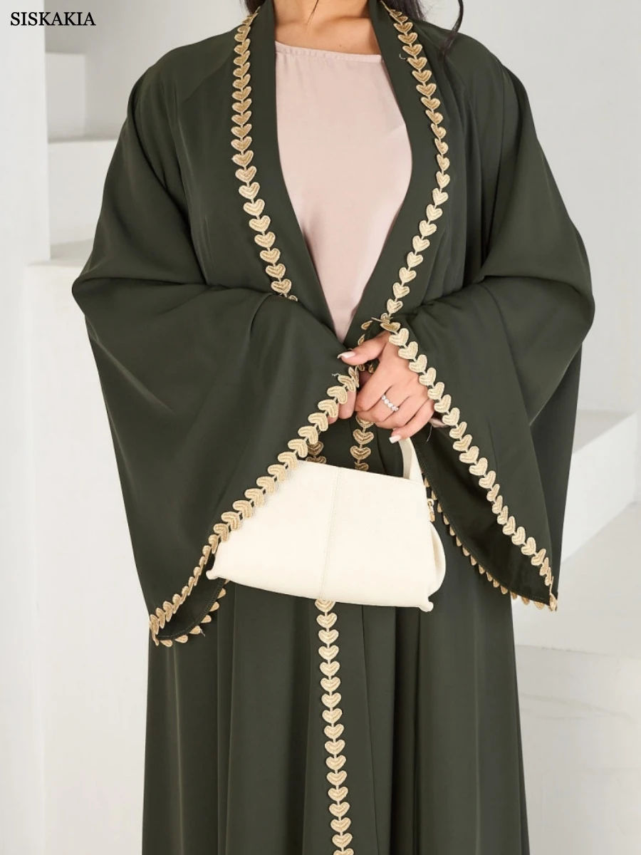 

Siskakia Dubai Elegant Lace Tape Open Abaya Muslim Casual Loose Cardigan Kaftans Woman