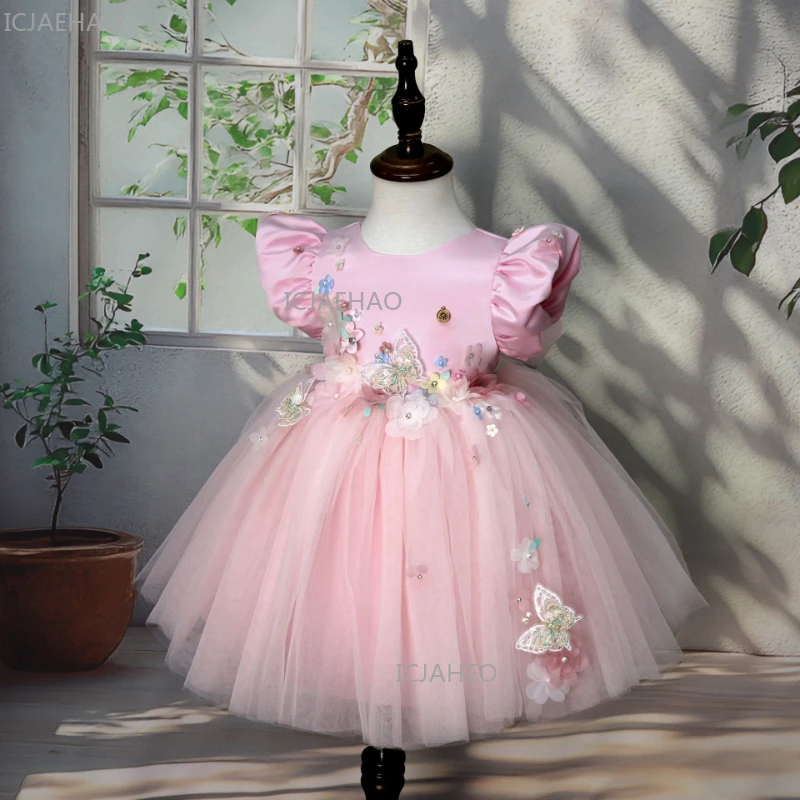 New Girls Dress Bubble Puff Sleeves Applique Kids Formal Celebration Evening Children Costume Gown Baby Princess Girls Party