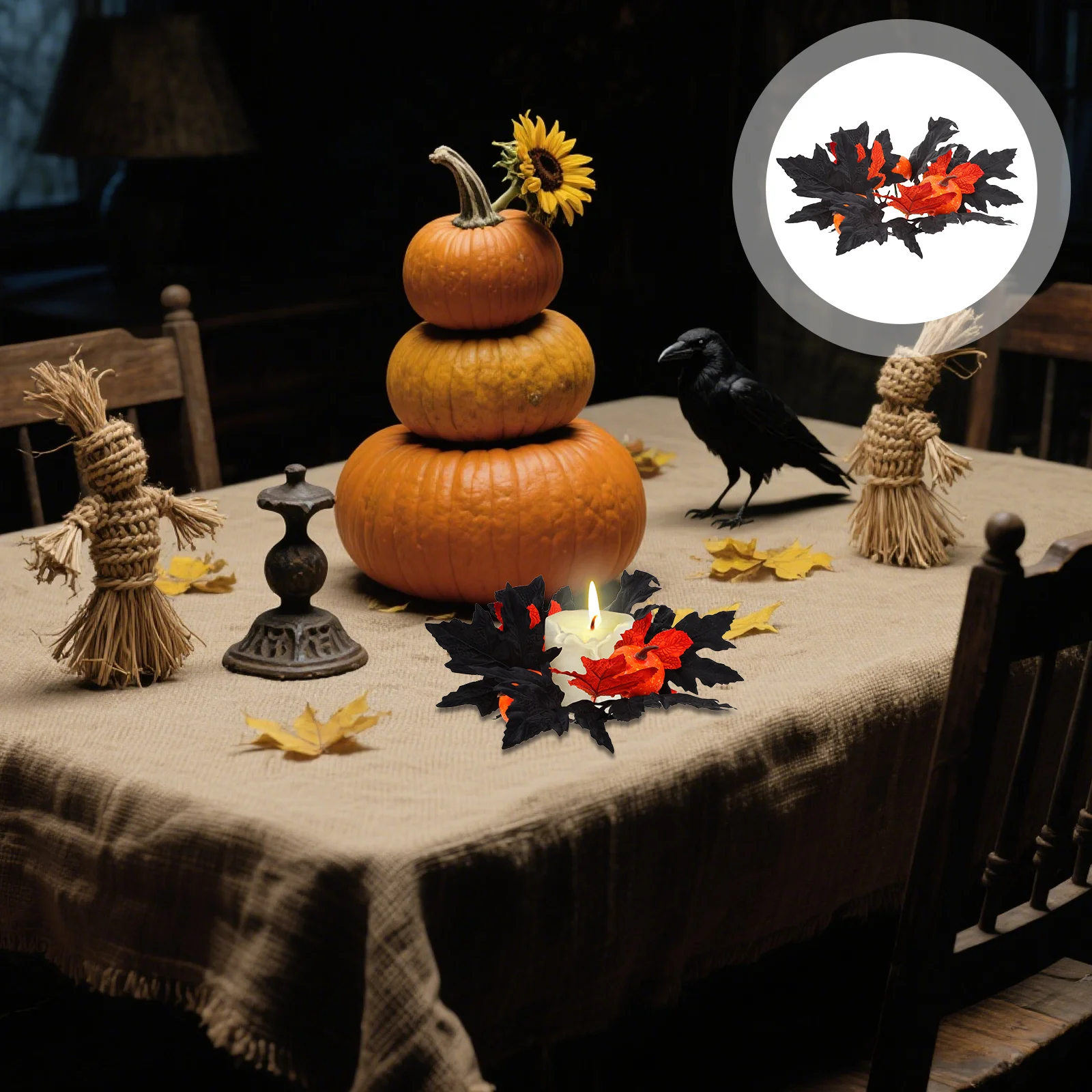 

2Pcs Halloween Holder Wreath Artificial Maple Leaves Elegant Spooky Decor Indoor Outdoor Party Centerpieces