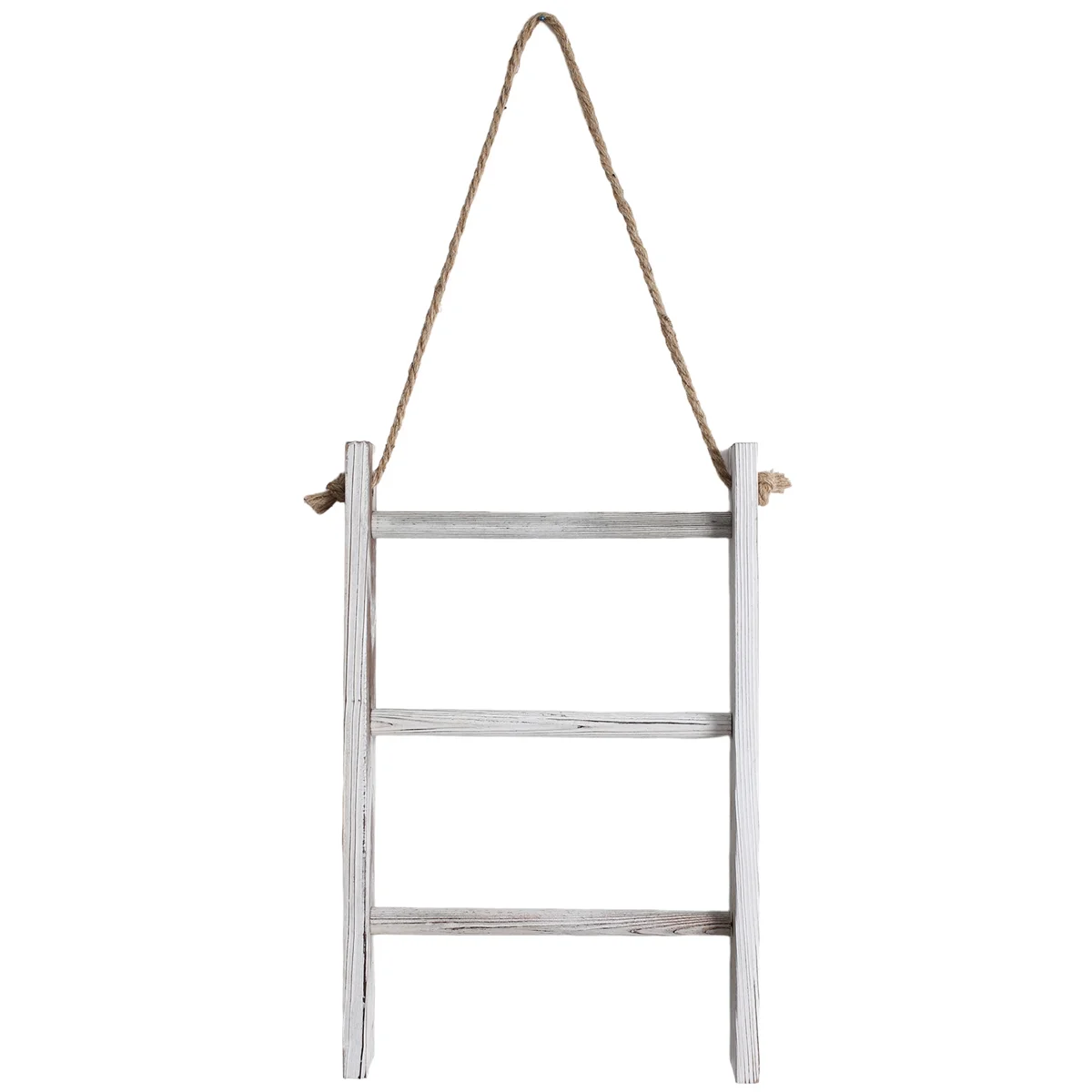 3-Tier Mini Whitewashed Wood Wall-Hanging Hand Towel Storage Ladder with Rope