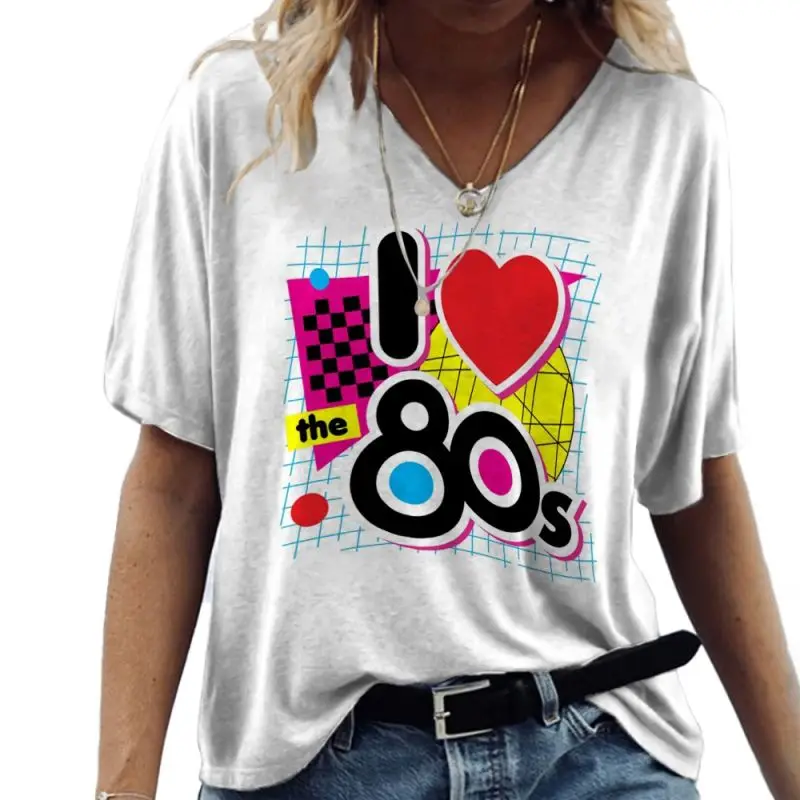 Summer Love 80s 3D Print T-shirt Women Streetwear Casual T Shirts Y2k Tops Woman Harajuku V-Neck Tees Oversized Clothing