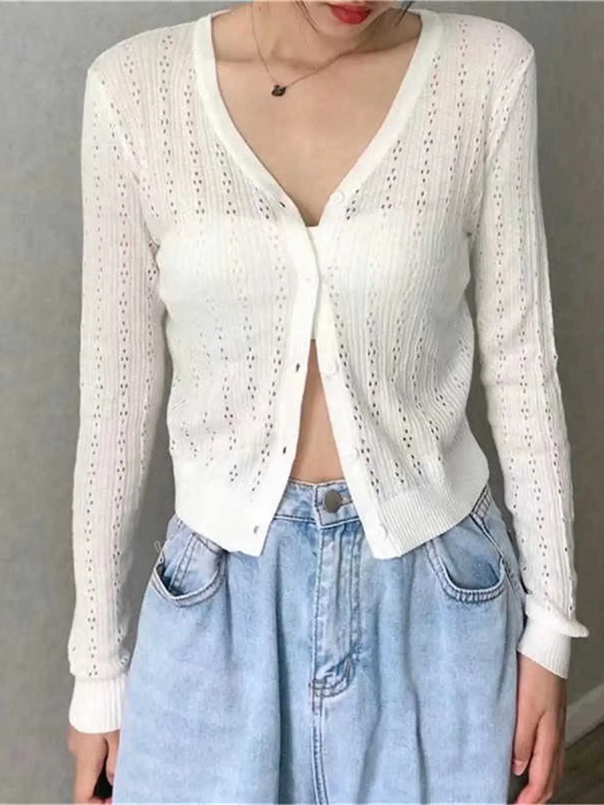 PUWD Elegant Girls Hollowed Slim Knitted Shirts 2022 Summer Fashion Ladies V Neck Cotton Knitwear Women Chic Streetwear Tops