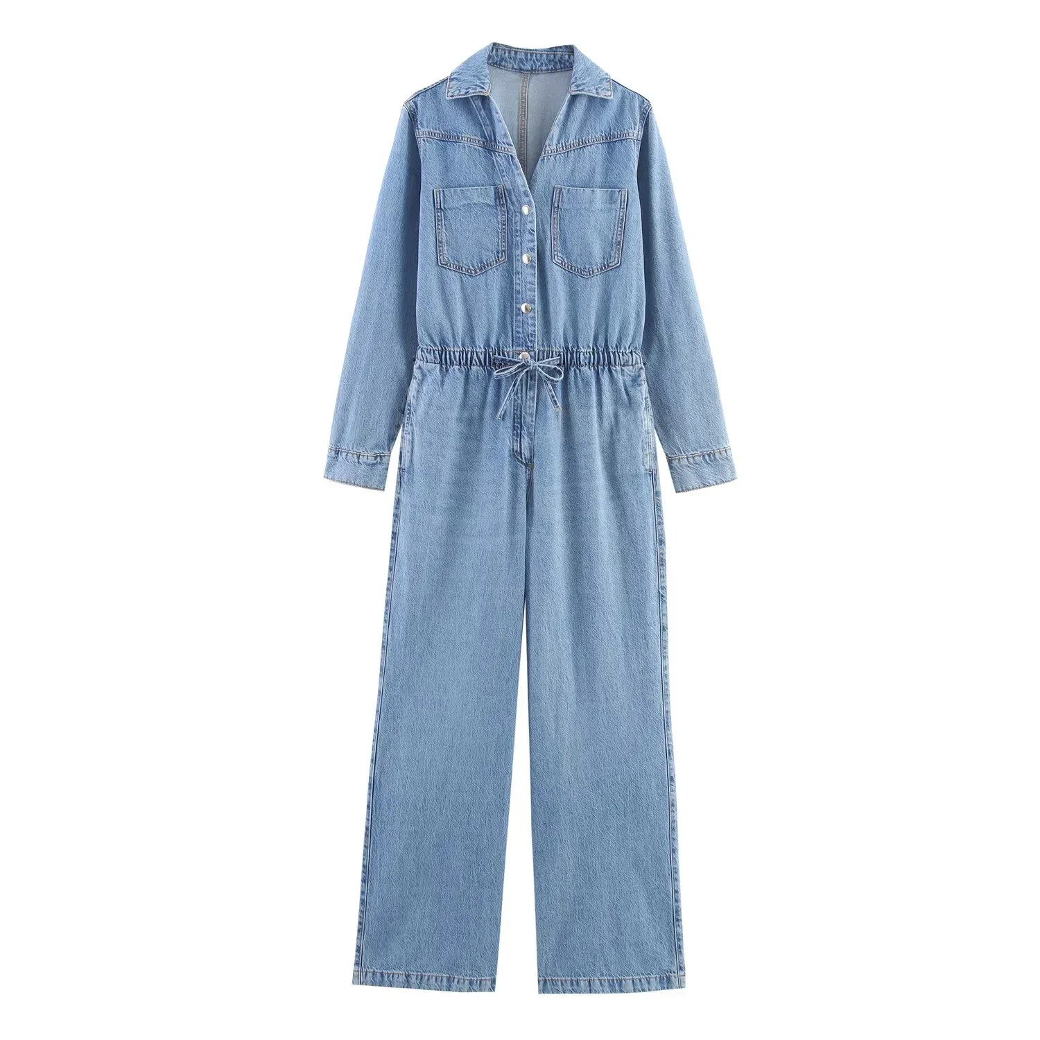 2025 New Summer Women's Fashion Retro Commuter Adjustable Waist Slim Shirt-style Denim Jumpsuit Casual