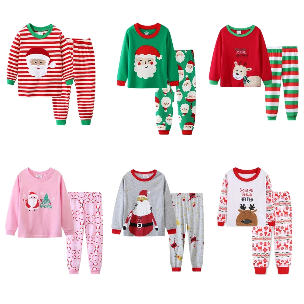 2025Kids Boys Pajamas Cartoon Christmas 2PCS Long Sleeved Autumn Winter Round Neck Long Sleeve Top & Pants Set