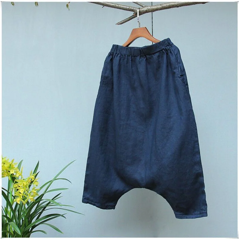 Cotton Linen Summer Harem Pants Loose Casual Three Quarter Boho Trousers Women Thin Drop-Crotch Capri Pants Soft