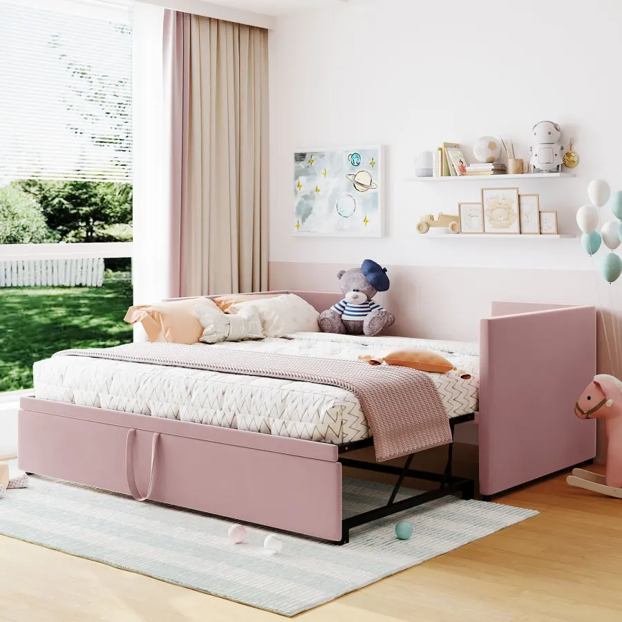 Twin Size Upholstered daybed with Pop Up Trundle, Pink Upholstered Platform