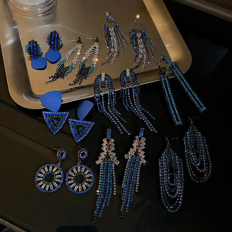 Blue Zircon Long Tassel Dangle Earrings for Women New Fashion Piercing Flower Drop Earrings Geometry Hanging Luxury  Jewelry