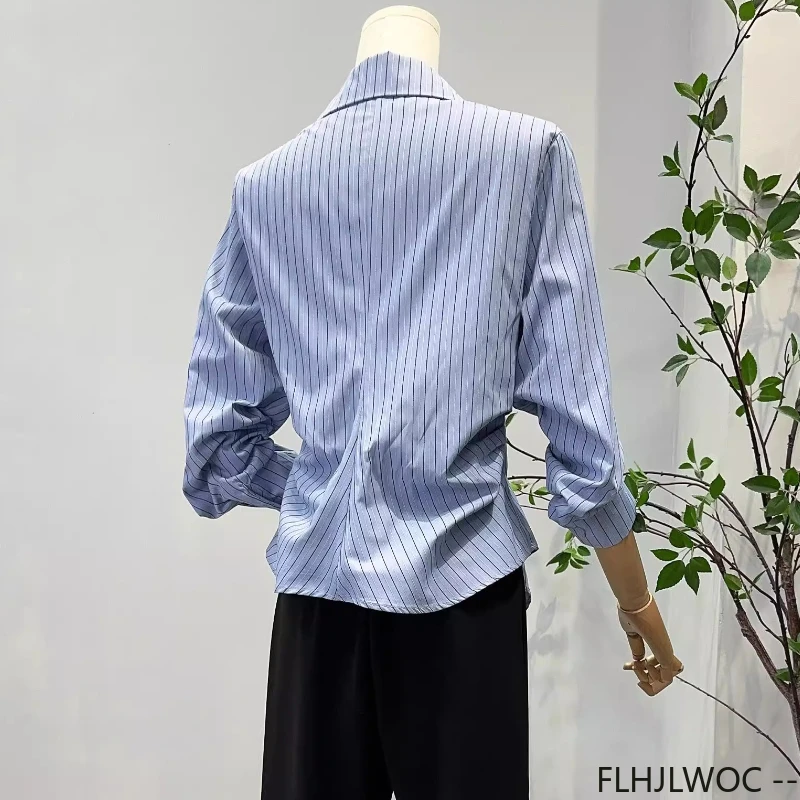 Chic Style coréen Peplum hauts Blouses nouveau 2025 à manches longues filles Style Preppy taille mince conception blanc bouton bleu rayé chemises