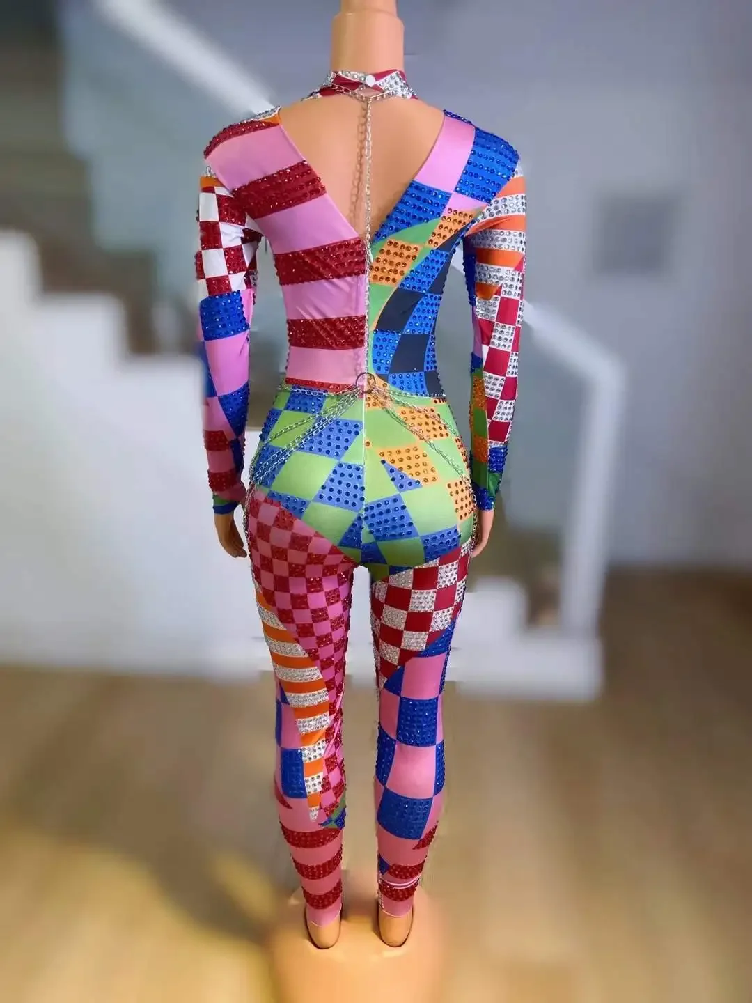 حجر الراين الملونة جوكر زي حللا للنساء تمتد Groop الرقص المغني المرحلة ارتداء هالوين ليلة كلوبوير DJ DS Gogo